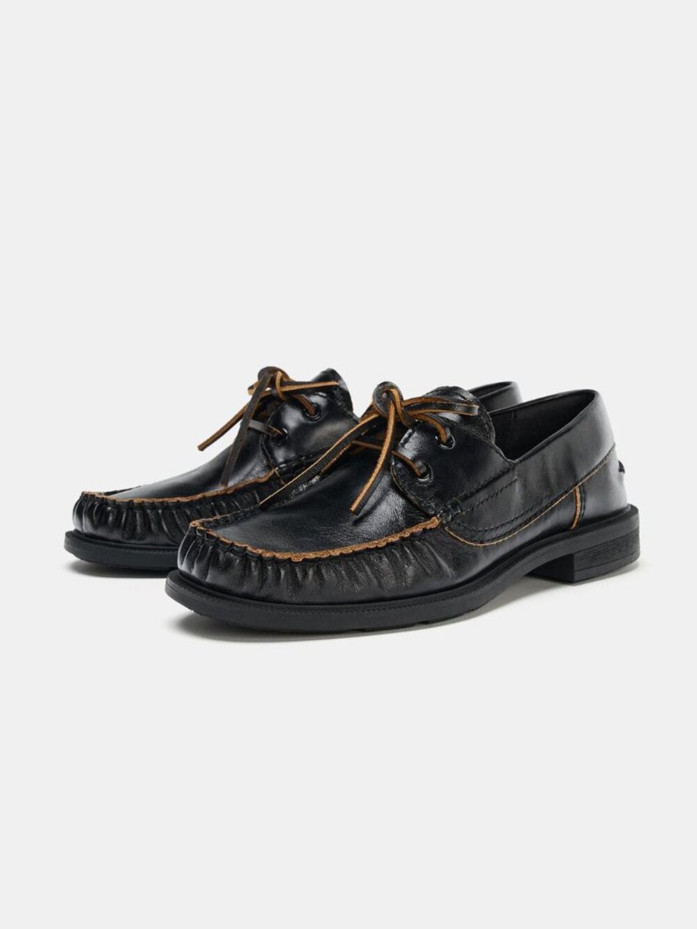 Zara Black Leather Flat Deck Shoes Size 6.5
